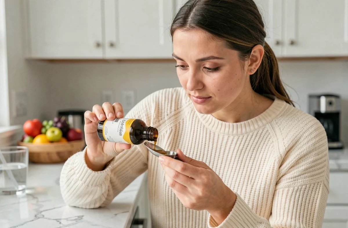 Mère versant de l'huile de foie de morue dans une cuillère doseuse pour son enfant dans une cuisine moderne