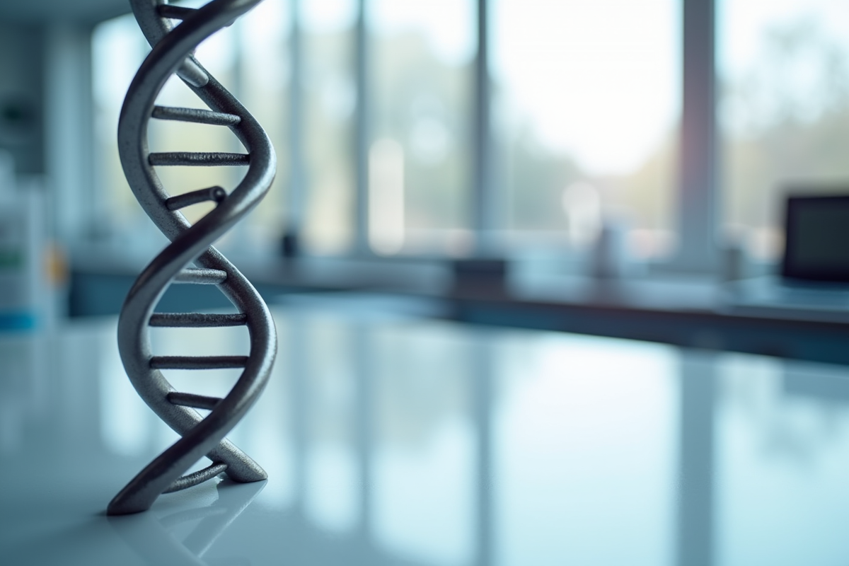 Modèle d ADN en gros plan sur un bureau lumineux de laboratoire