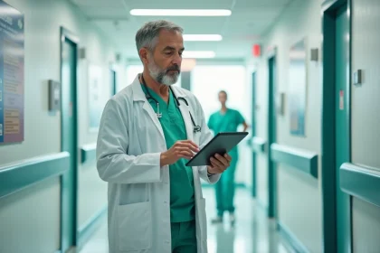 Neurochirurgien en blouse blanche consultant un dossier patient dans le couloir d'un hôpital moderne à Tours