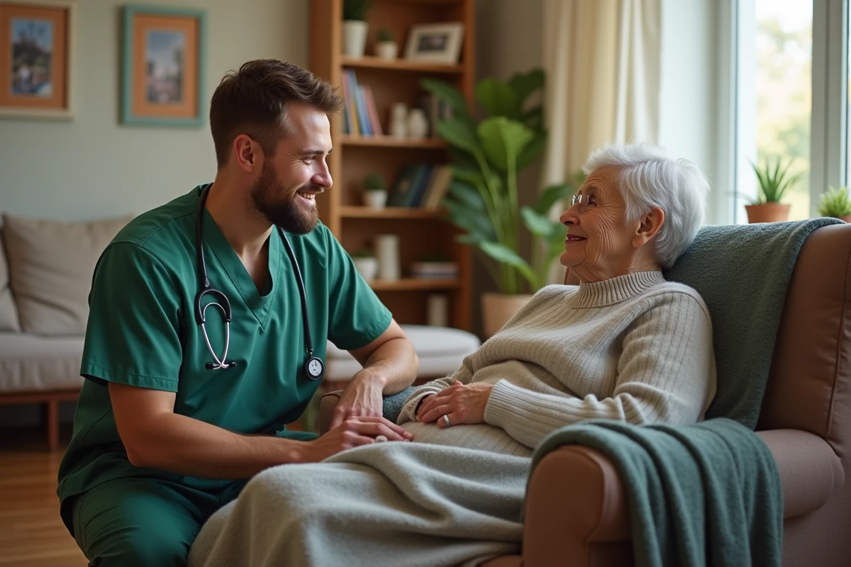 Jeune infirmier parlant avec une patiente âgée dans un salon