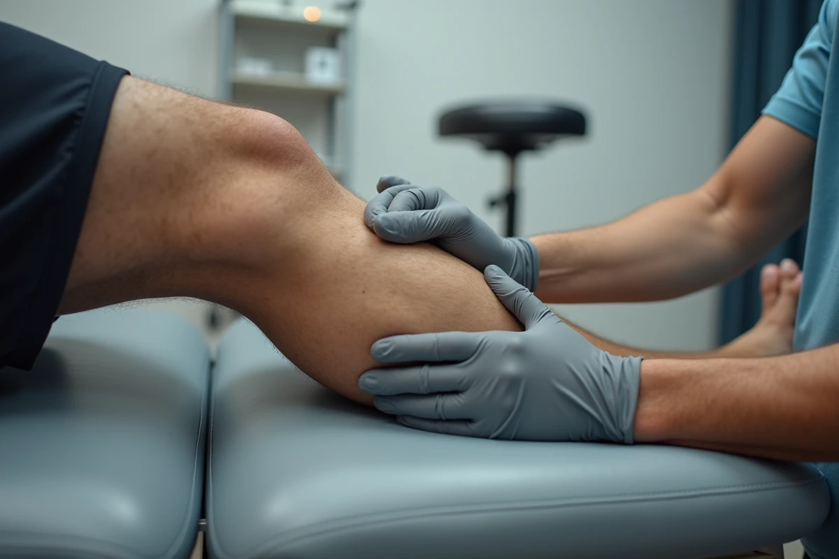 Gros plan des mains d'un kinésithérapeute palpant la zone de la patte d'oie sur le genou interne d'un patient allongé en cabinet, pour le diagnostic d'une tendinopathie