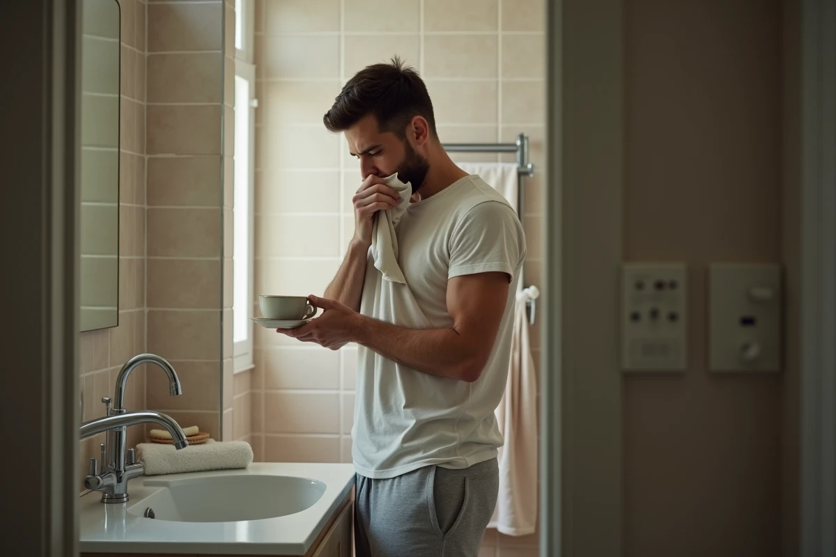 P&egrave;re pr&eacute;parant une tisane se mouche dans la salle de bain