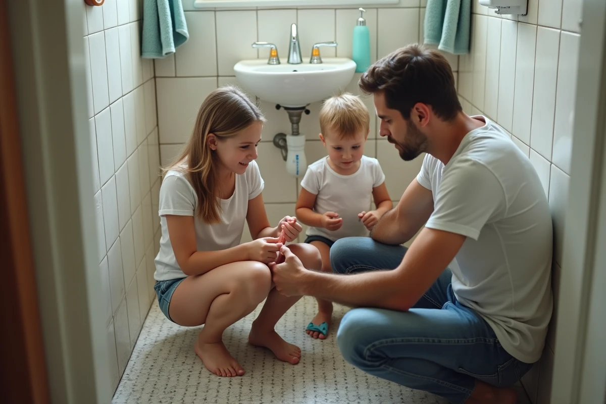 P&egrave;re v&eacute;rifie ses enfants pour les poux dans la salle de bain