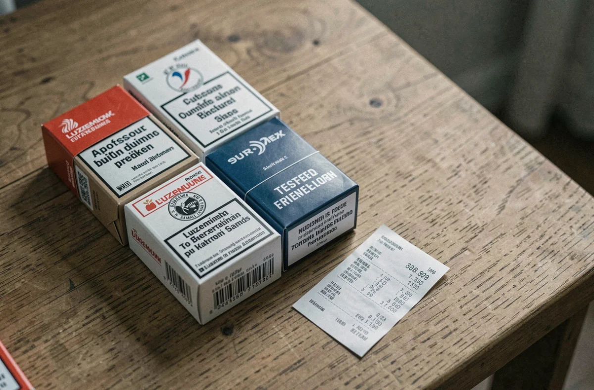 Paquets de cigarettes avec étiquettes de prix en euros et timbres fiscaux luxembourgeois sur une table en bois