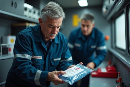 Paramedical homme pr&eacute;parant un sac d'Onegative dans une ambulance