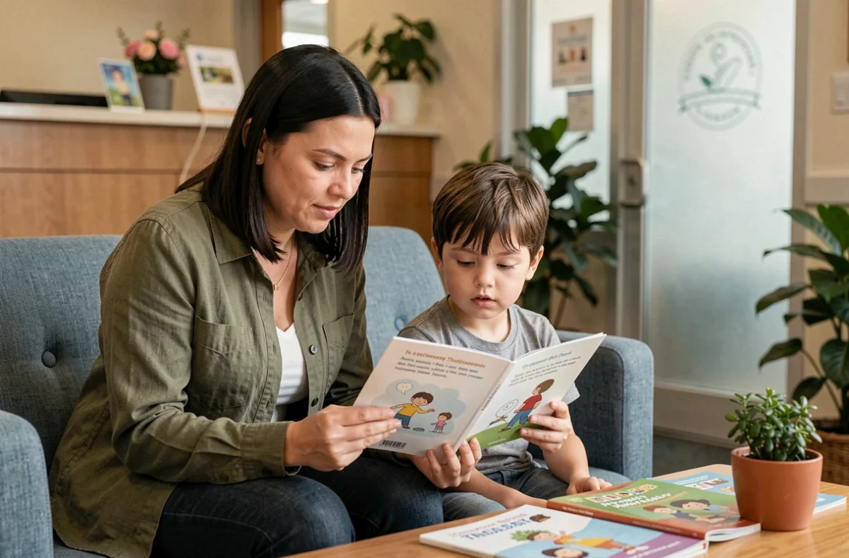 Mère et enfant consultant un livret explicatif avant un bilan en ergothérapie pédiatrique