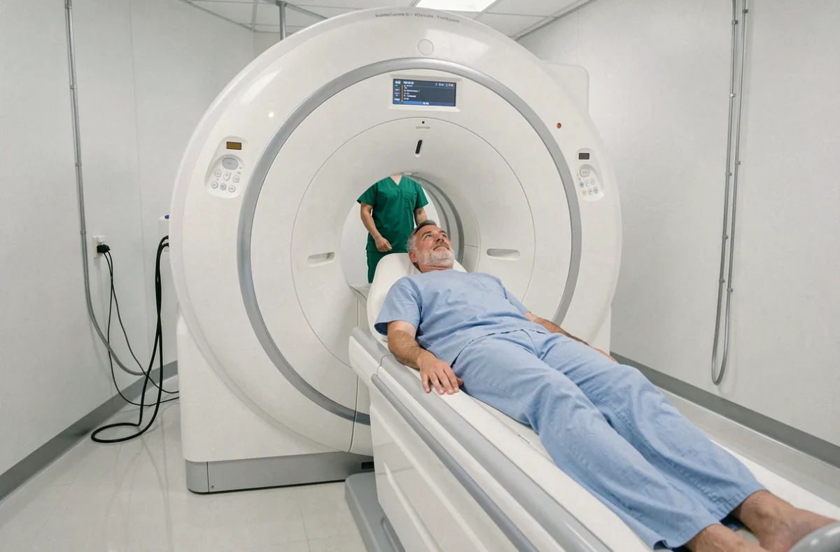 Patient homme allongé dans une machine IRM lors d'un examen d'imagerie médicale dans un centre de santé