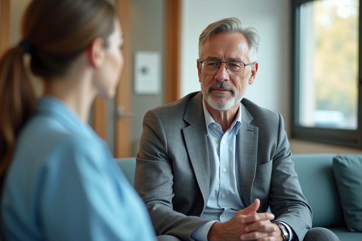 Patient homme en discussion avec un specialiste en milieu hospitalier