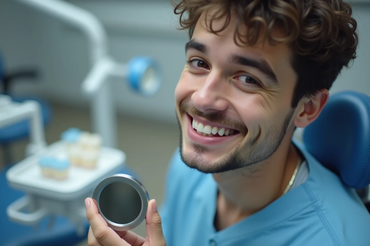 Jeune homme inspectant ses dents avec un miroir apr&egrave;s traitement dentaire