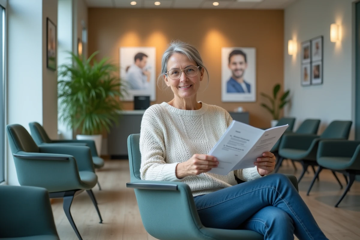 Patiente attendant une consultation en neurochirurgie dans la salle d'attente d'un hôpital français