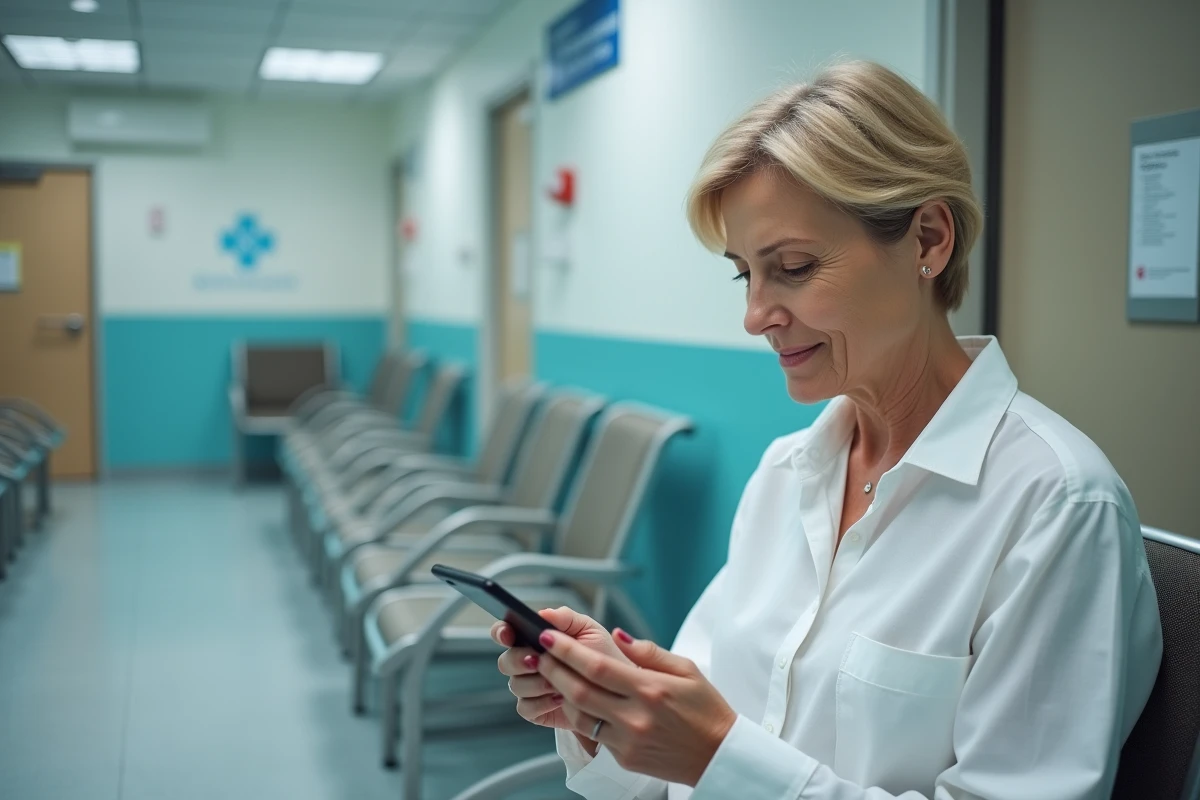 Patiente en salle d'attente médicale consultant ses résultats d'analyses sur l'application Laboconnect depuis son téléphone
