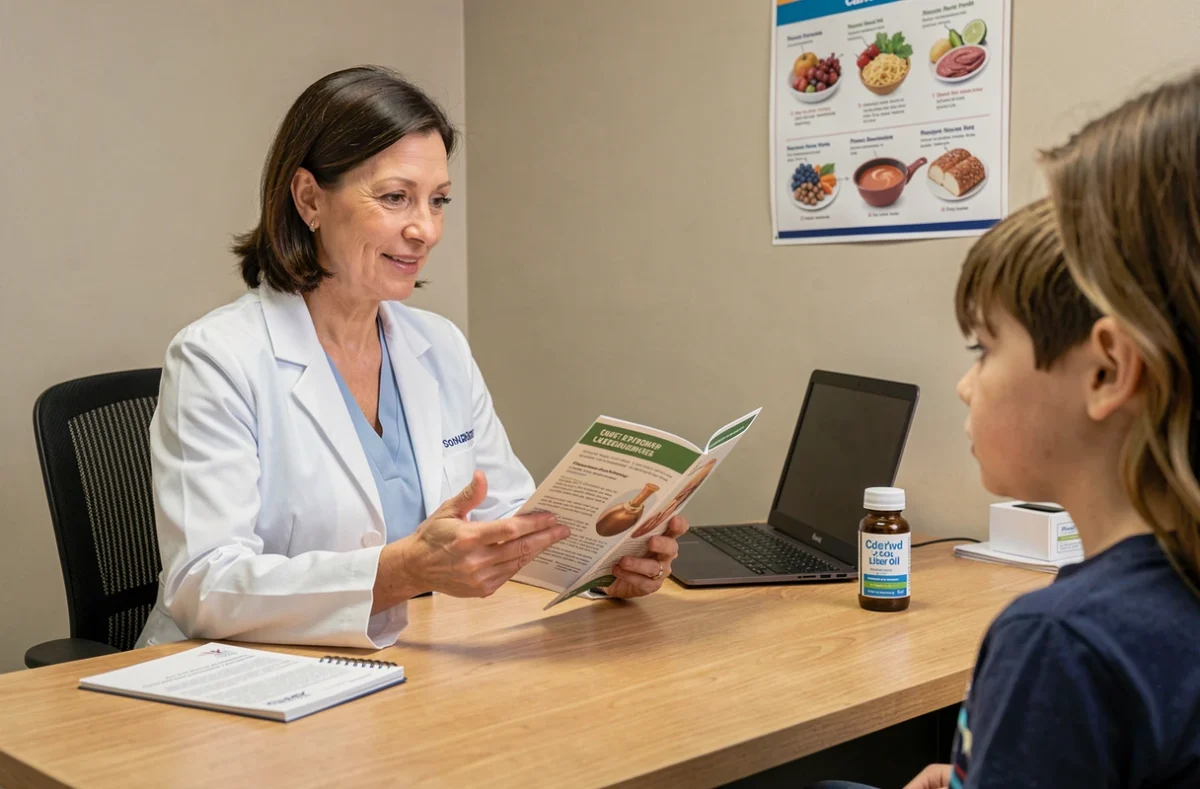 Pédiatre expliquant les bienfaits et contre-indications du foie de morue à un enfant en consultation médicale