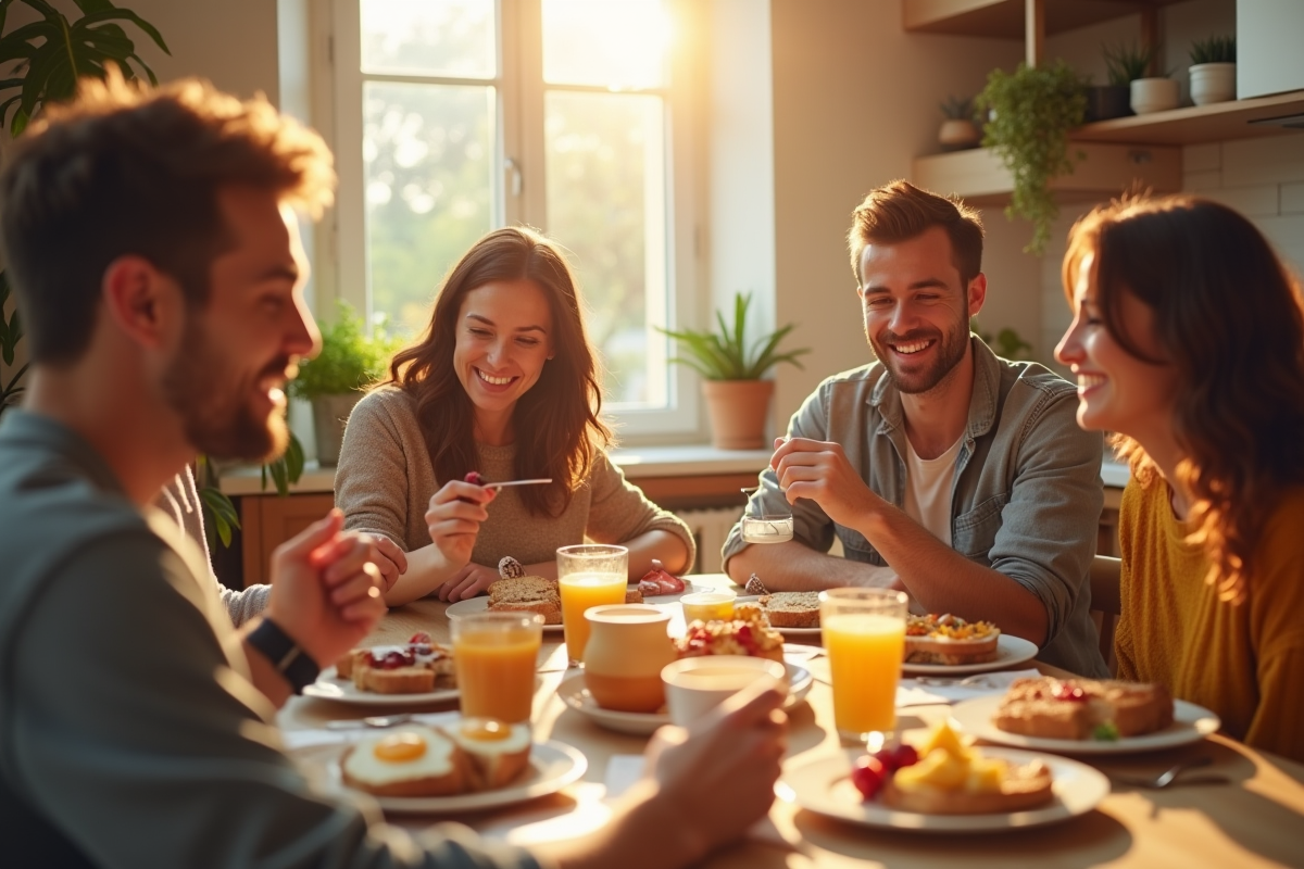 Groupe d amis prenant le petit déjeuner dans une cuisine ensoleillee