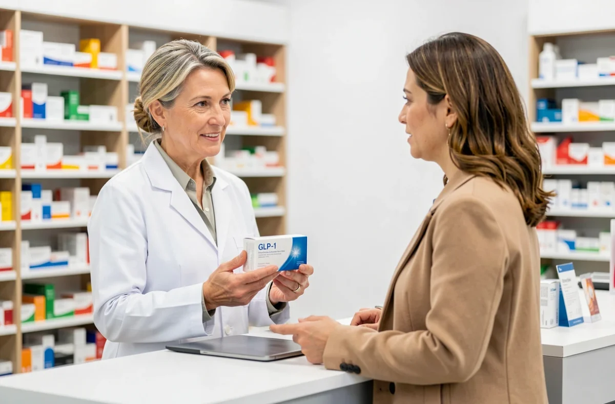 Pharmacienne expliquant le prix et les résultats attendus d'un traitement GLP-1 à une patiente en pharmacie