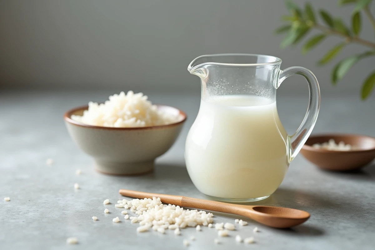 Pichet d'eau de riz sur un comptoir de cuisine avec du riz cuit, remède naturel contre la diarrhée