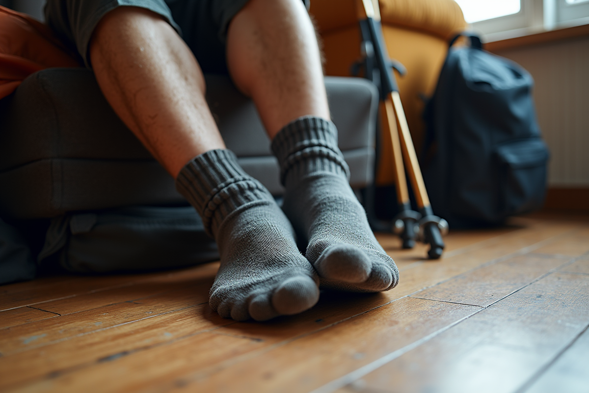 Pieds fatigués en chaussettes en laine près des bâtons de marche et sac à dos