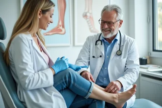 Podologue examinant le talon d'une patiente pour diagnostiquer une épine calcanéenne en cabinet médical