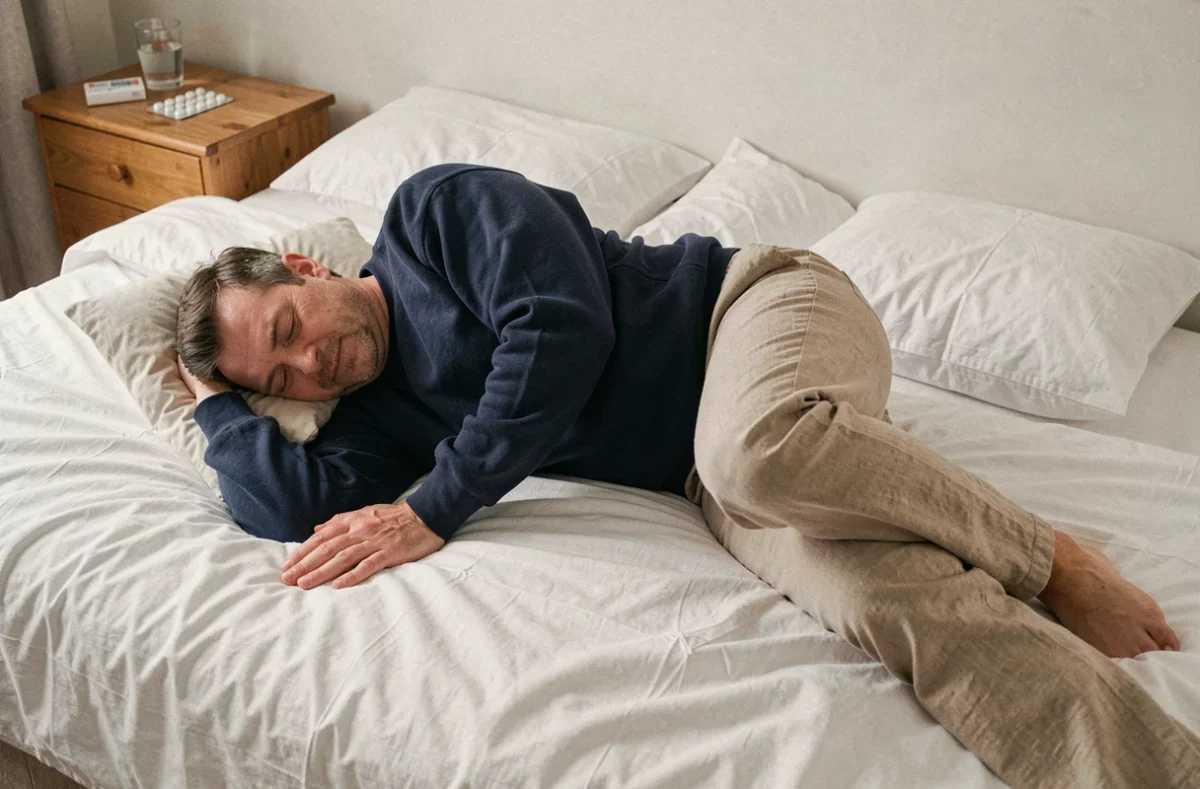 Homme allongé sur le côté pour soulager une douleur dorsale gauche après un faux mouvement