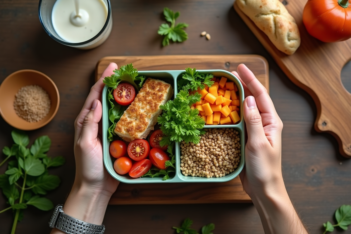 Mains préparant une lunchbox saine avec protéines et légumes