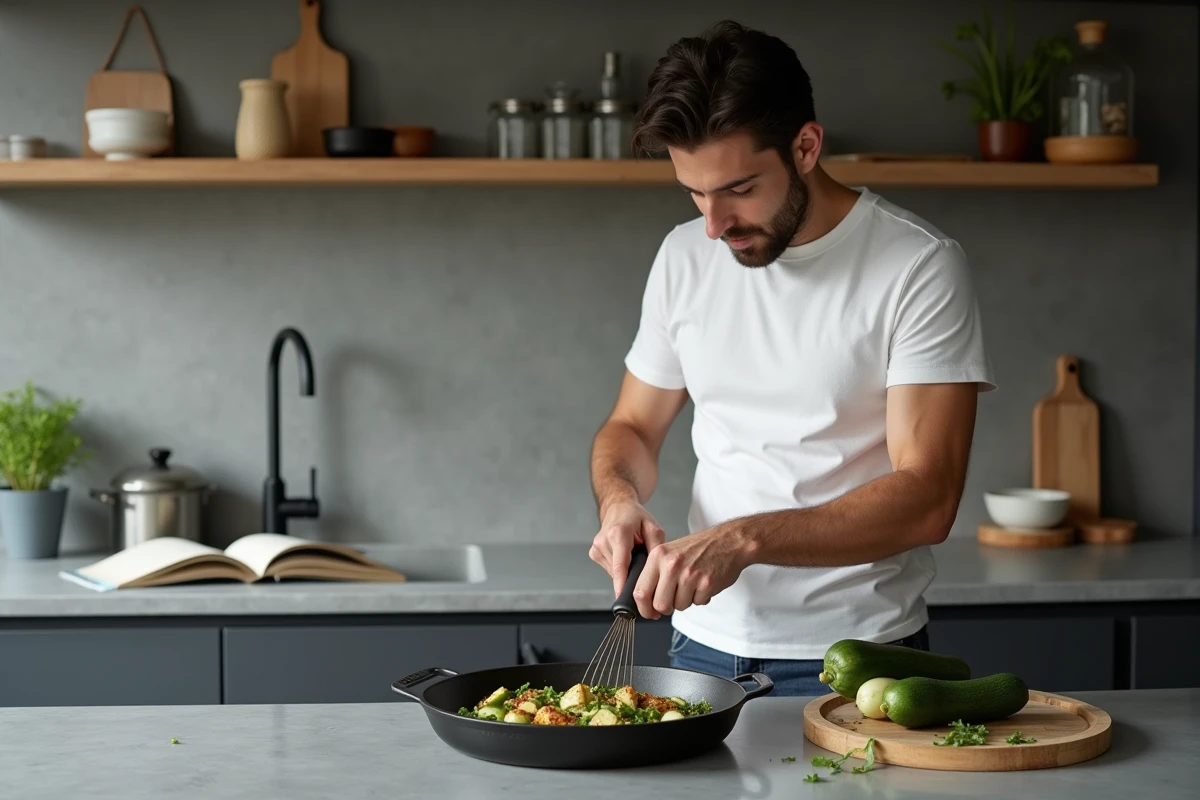 Homme préparant un plat à base de courgettes dans une cuisine moderne, illustrant comment intégrer la courgette facilement dans son menu