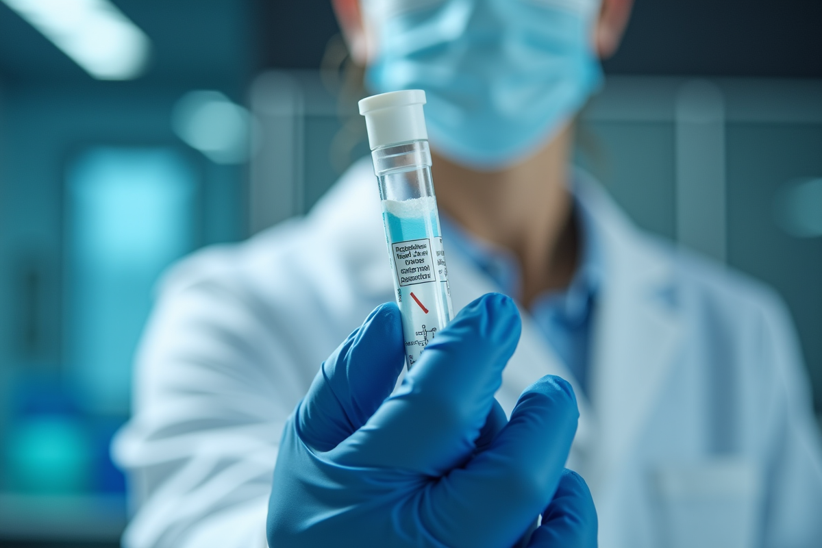 Professionnel de santé manipulant un echantillon dans un laboratoire moderne