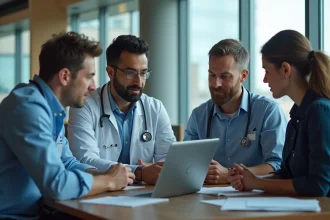 Professionnels de santé en réunion dans un espace moderne