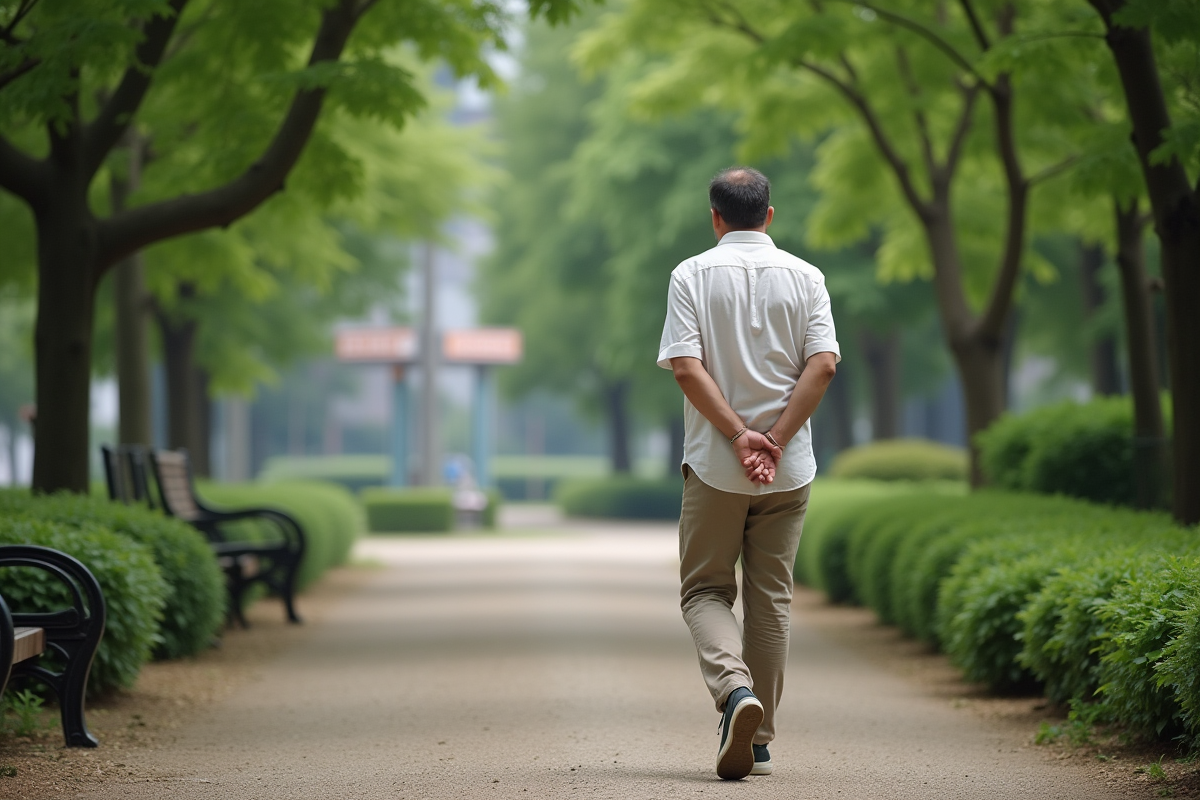 Homme marchant dans un parc verdoyant en plein air