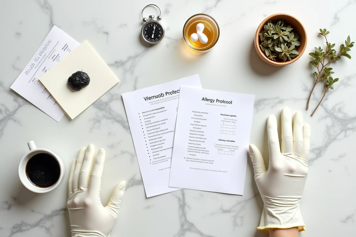 Protocole de sécurité pour coloration végétale avec test épicutané, gants et checklist posés sur marbre blanc