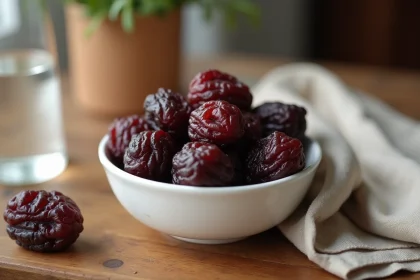 Bol de pruneaux secs sur une table en chêne avec verre d'eau, illustration des aliments riches en fibres et effets digestifs