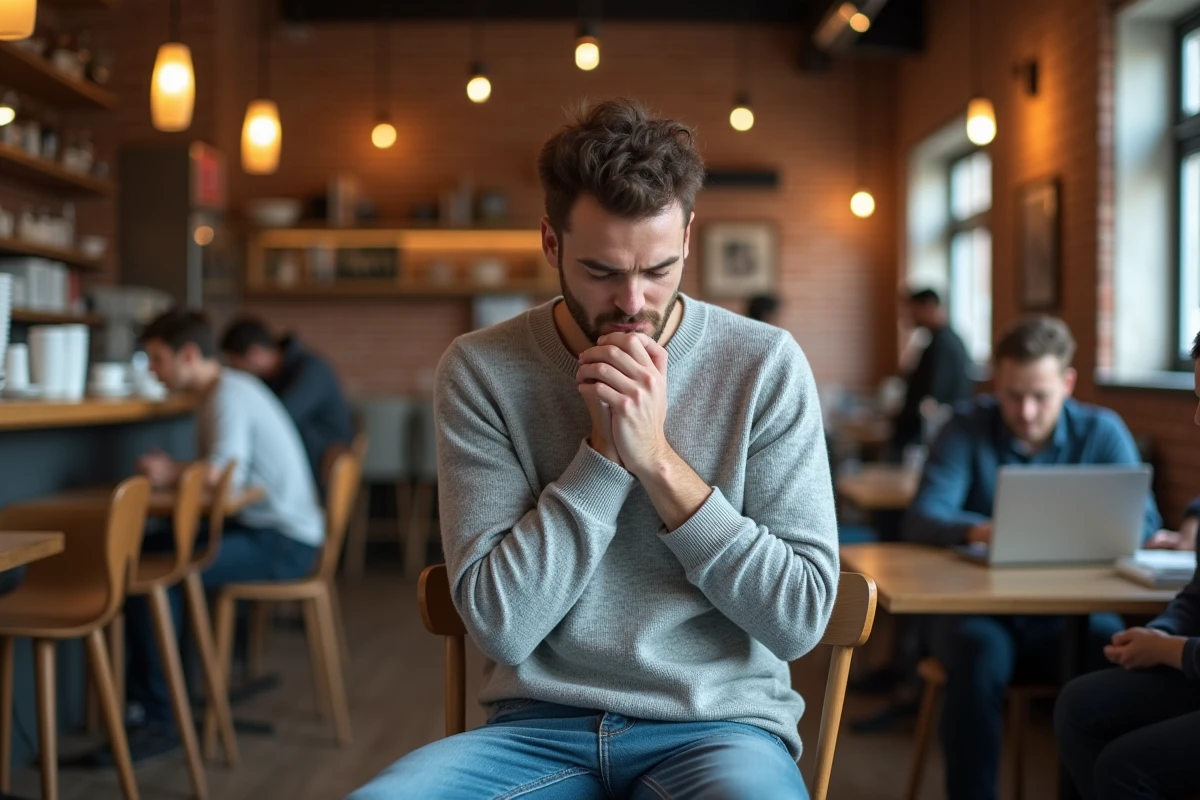 Jeune homme en pleine quinte de toux dans un café public, main sur la poitrine, posture de gêne respiratoire en espace partagé