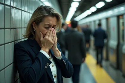 Femme adulte qui tousse dans le coude dans une station de métro bondée, geste de protection contre la propagation des germes en lieu public