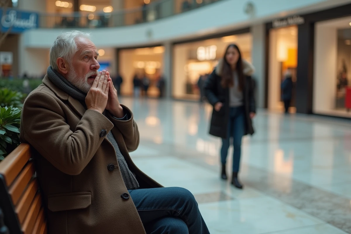 Homme âgé en quinte de toux sur un banc dans un centre commercial, passante inquiète prête à porter assistance en lieu public