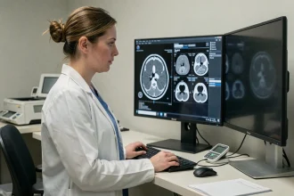 Radiologue femme examinant des images IRM sur écran dans une salle de lecture médicale moderne en 2026
