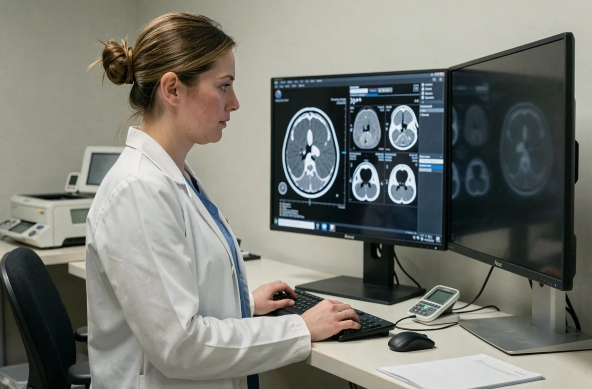 Radiologue femme examinant des images IRM sur écran dans une salle de lecture médicale moderne en 2026