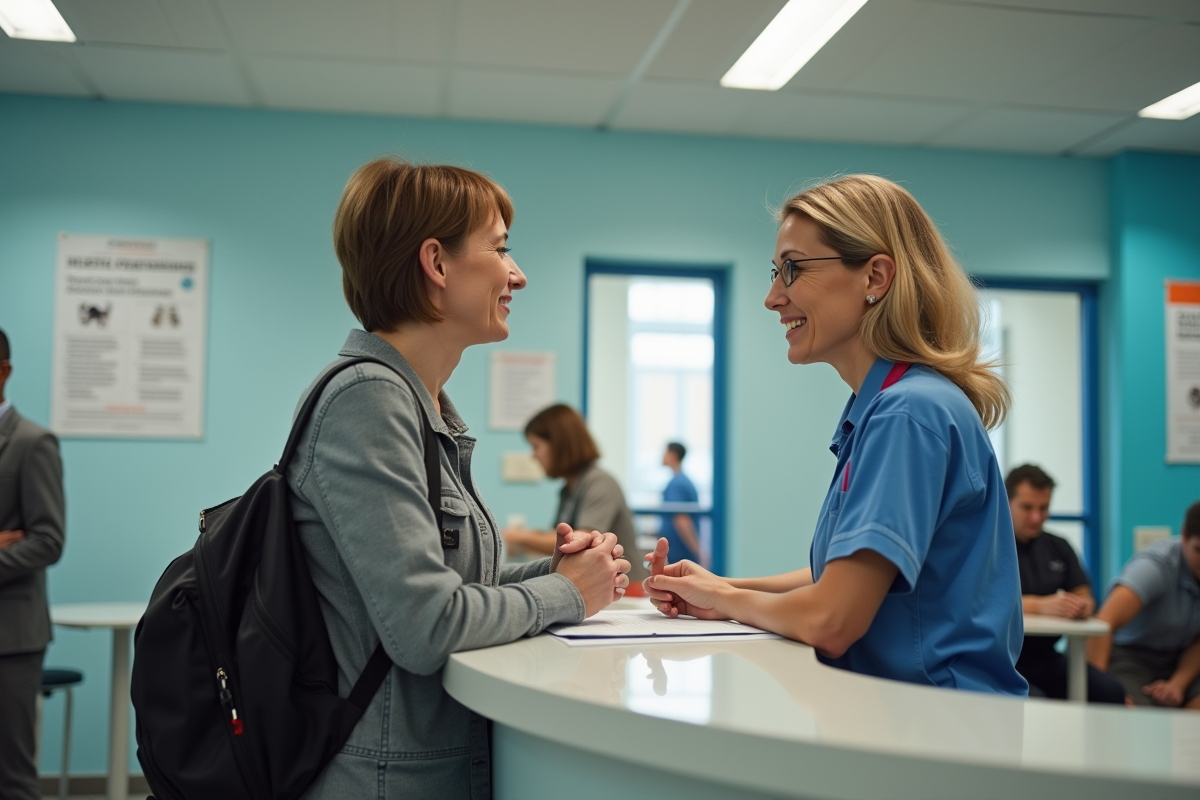 Femme francaise parlant avec une receptionniste souriante