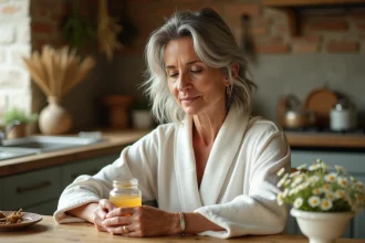 Femme mature en peignoir blanc examinant un remède naturel fait maison dans une cuisine rustique avec des herbes séchées