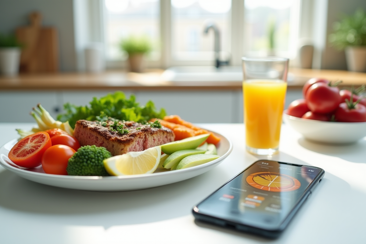 Repas sain avec application de suivi calorique sur smartphone