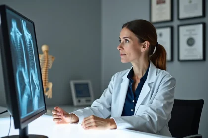 Rhumatologue femme consultant des radiographies dans son cabinet médical à Béziers pour le diagnostic de polyarthrite