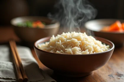Bol de riz complet vapeur servi au dîner sur une table en bois rustique avec une serviette en lin