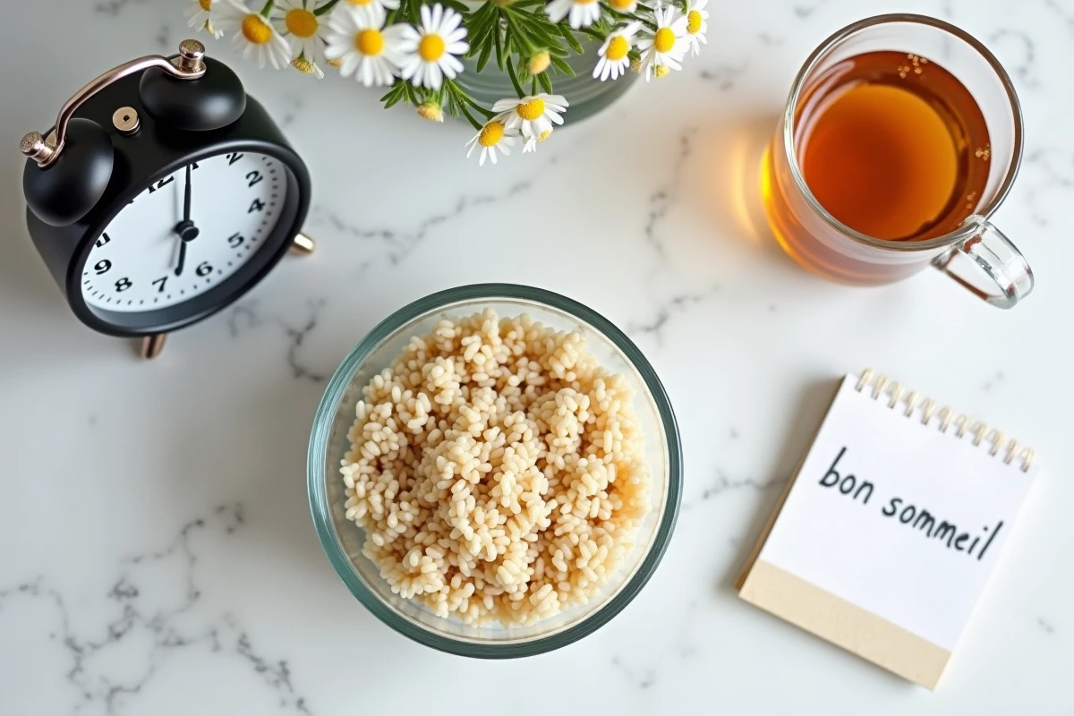 Vue du dessus d'une préparation de riz complet avec une tisane et une horloge évoquant un rituel de sommeil