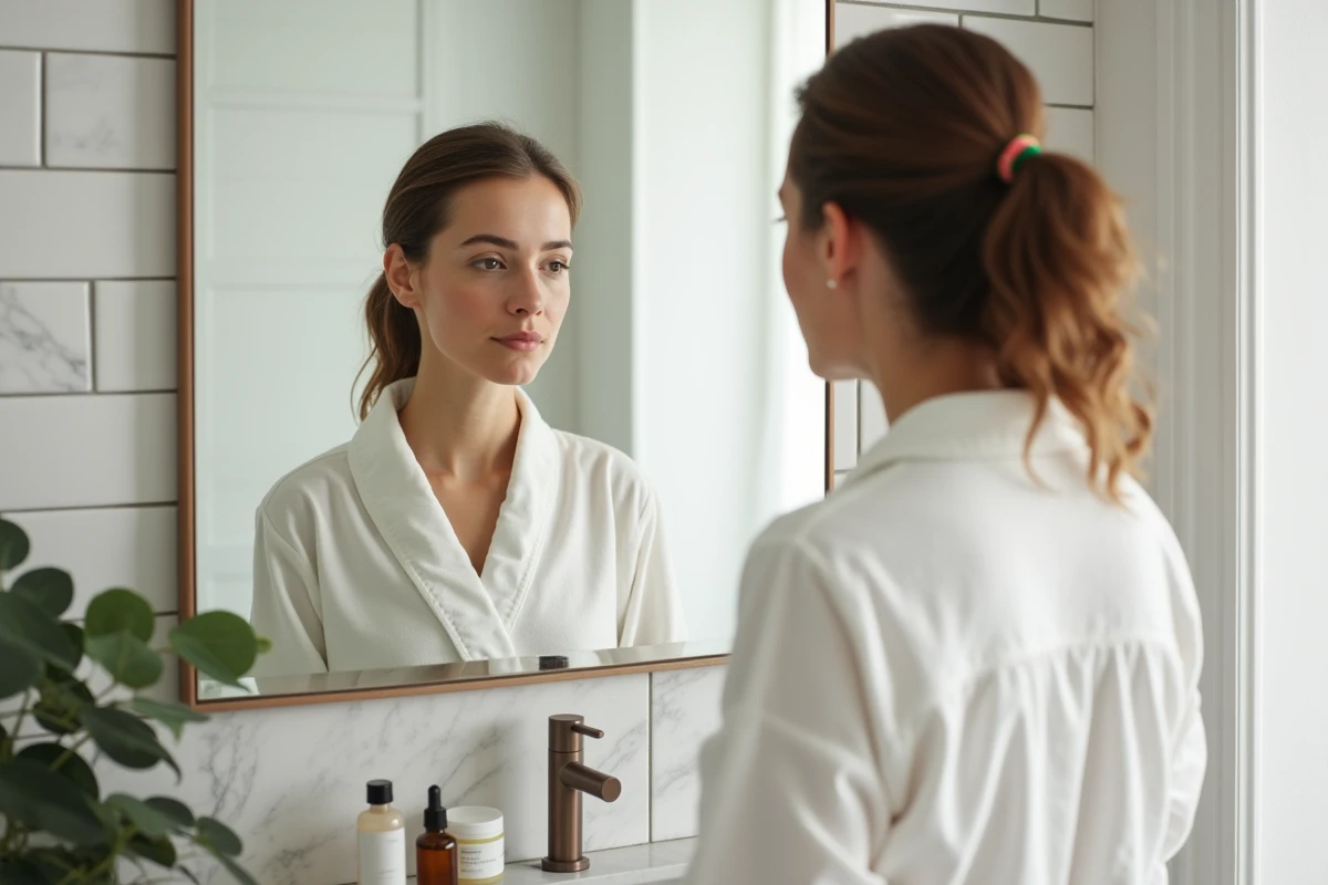 Jeune femme examinant sa peau avec imperfections hormonales devant un miroir de salle de bain avec des produits anti-acné posés sur le comptoir