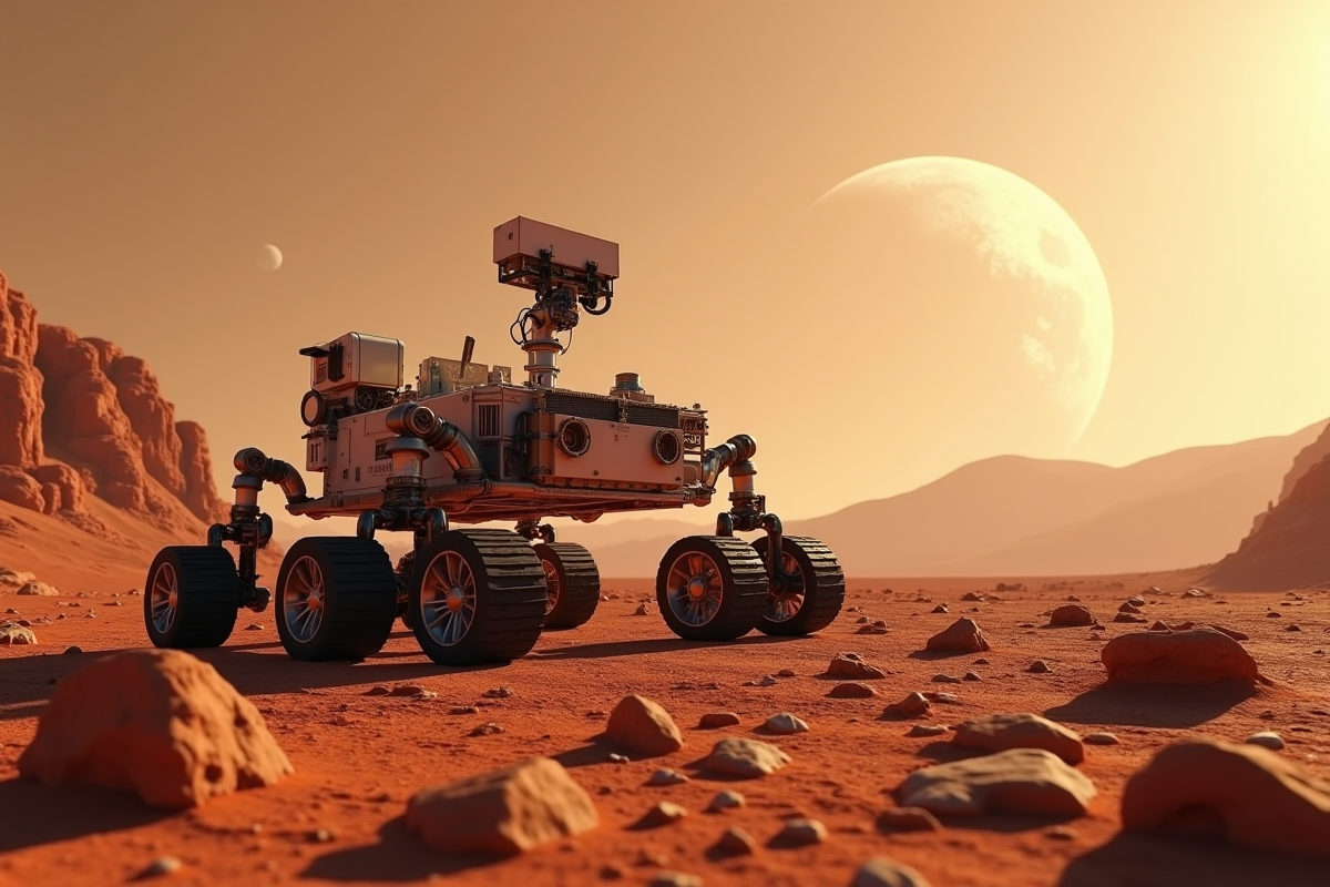 Rover hightech explorant la surface de Mars avec la Terre en arrière-plan