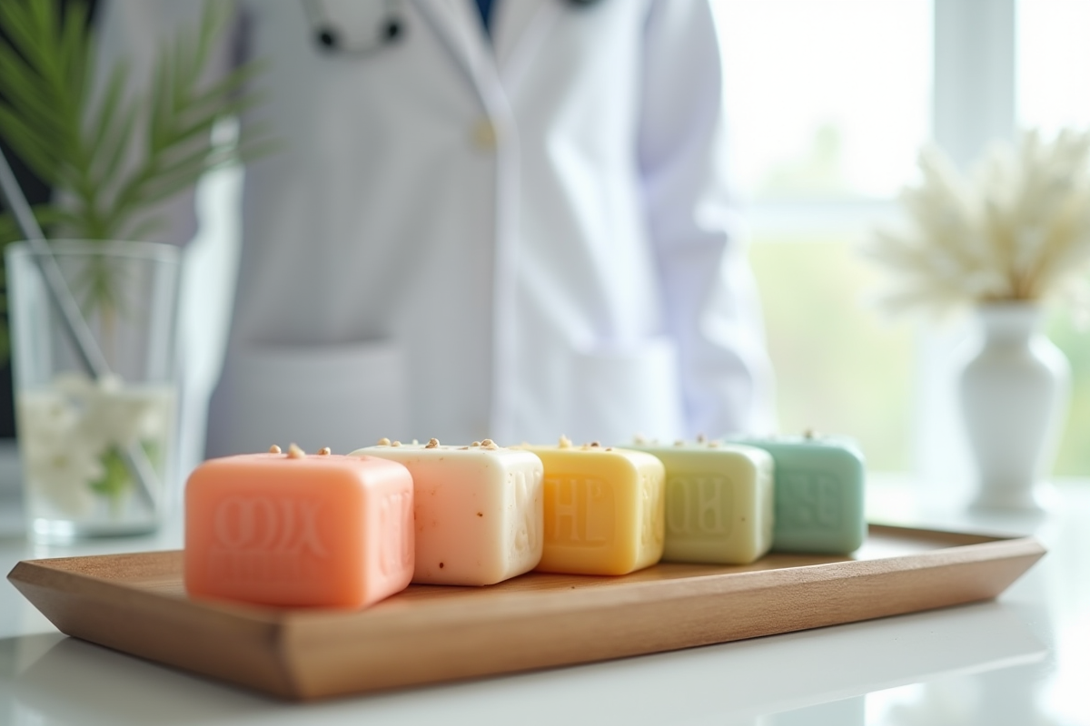 Différents savons colorés sur plateau en bois avec eau et blouse blanche