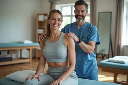 Femme moyenne age en tenue de sport en therapie d'epaule