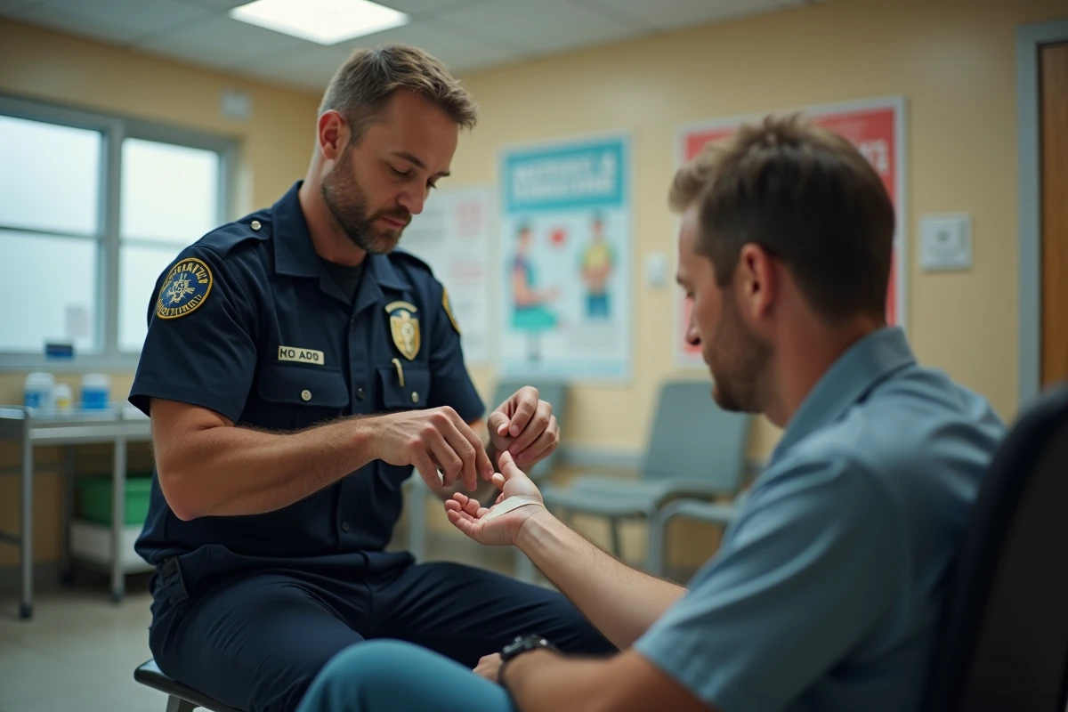 Secouriste appliquant un bandage stérile sur un doigt brûlé en clinique médicale