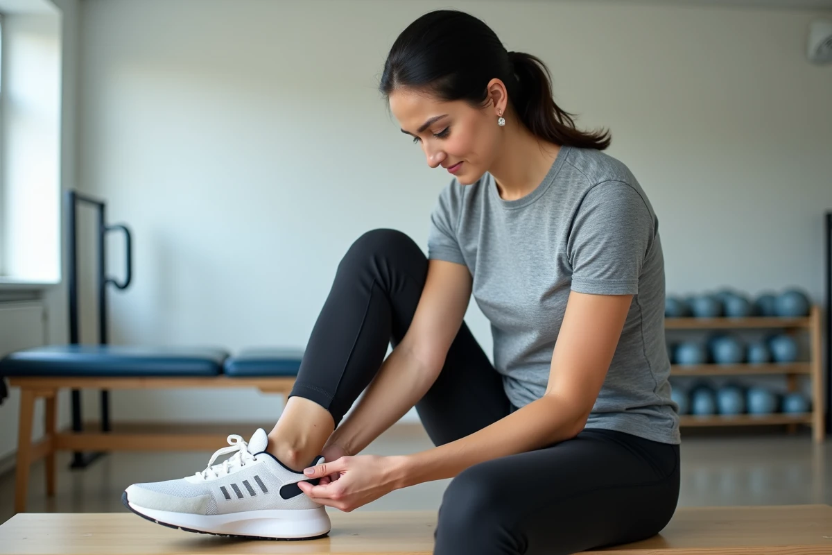 Femme plaçant une semelle orthopédique sur mesure dans une chaussure de sport dans le cadre d'un traitement contre l'épine calcanéenne
