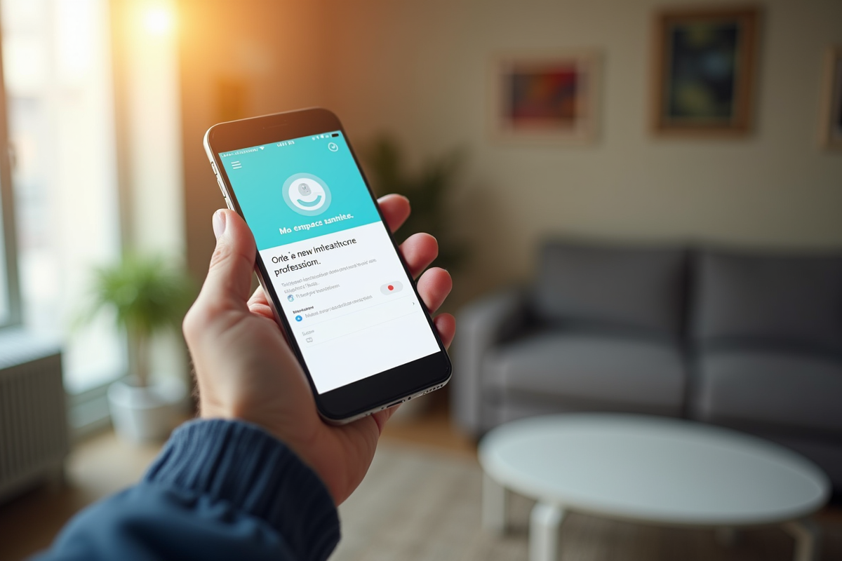 Main tenant un smartphone avec l app Mon espace santé