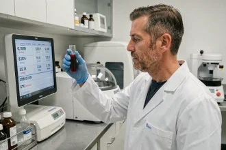 Technicien de laboratoire tenant un tube de sang devant un analyseur affichant les résultats d'une numération formule sanguine avec TCMH élevé