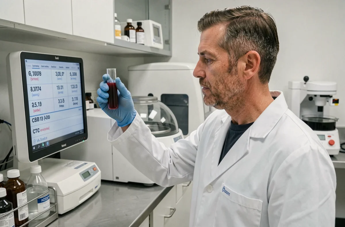 Technicien de laboratoire tenant un tube de sang devant un analyseur affichant les résultats d'une numération formule sanguine avec TCMH élevé