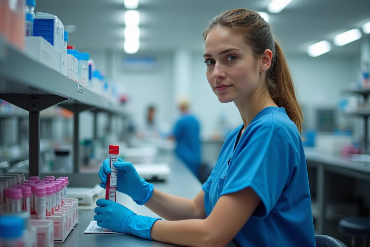Technicienne de laboratoire préparant un prélèvement sanguin pour dosage des transaminases SGOT
